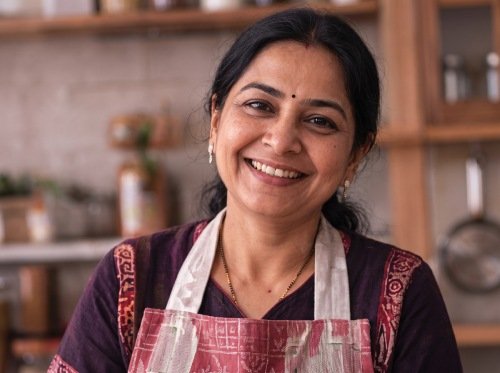 Woman smiling in her kitchen